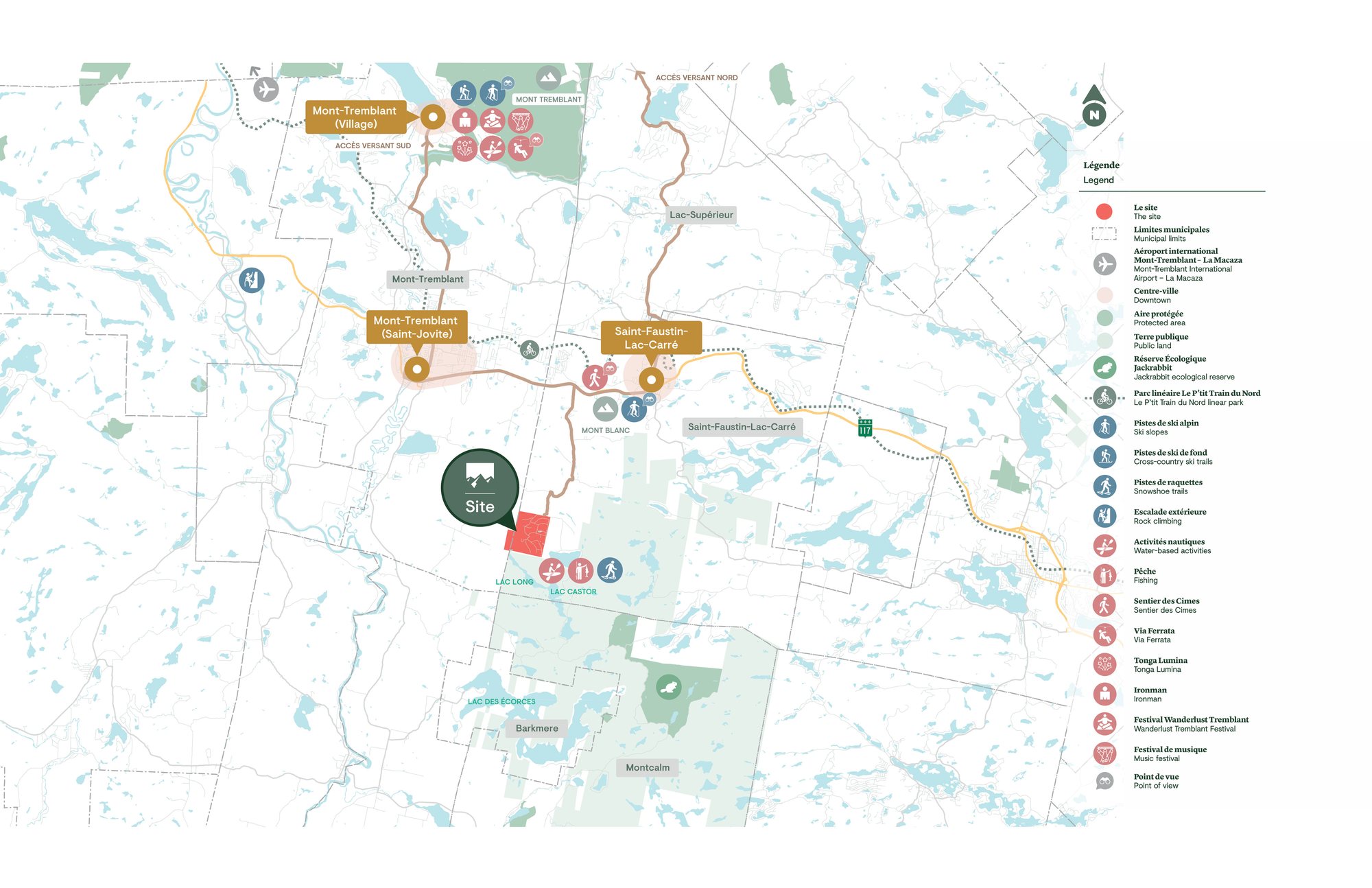 Carte de localisation régionale — le site face à Mont-Tremblant, Mont-Blanc et Saint-Faustin-Lac-Carré